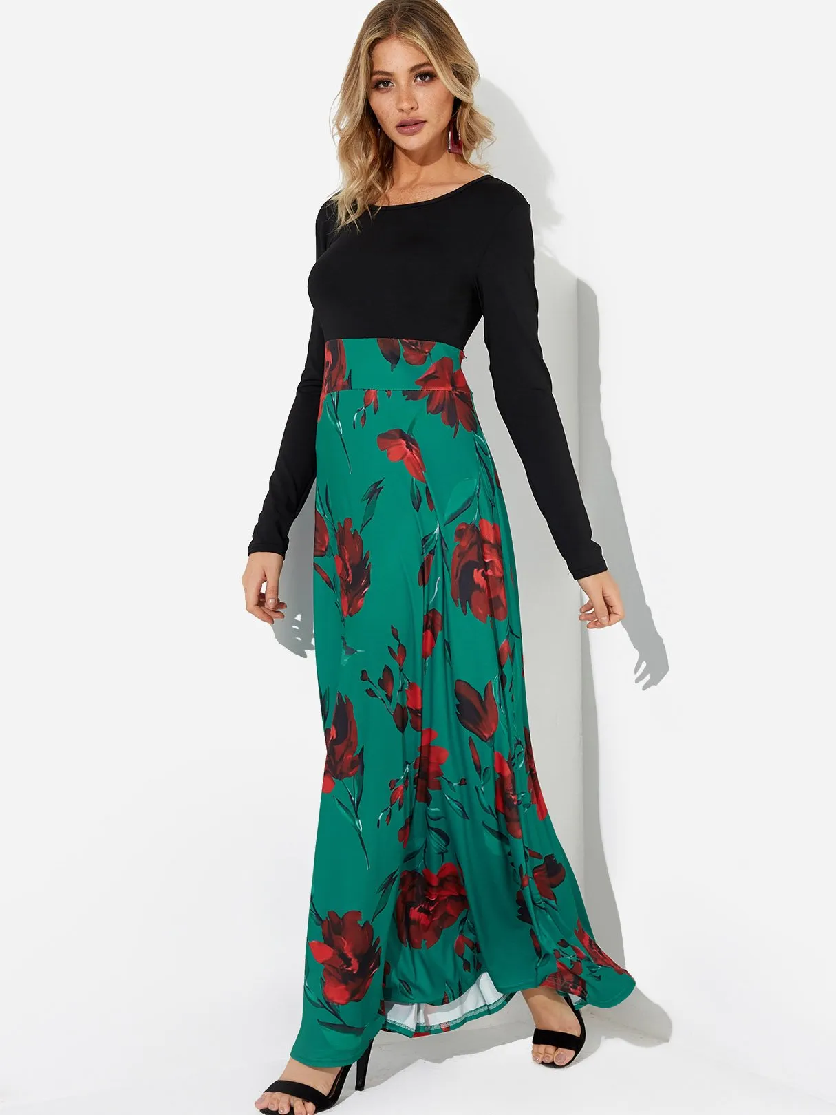 Wholesale Floral Print Round Neck Long Sleeve Dresses