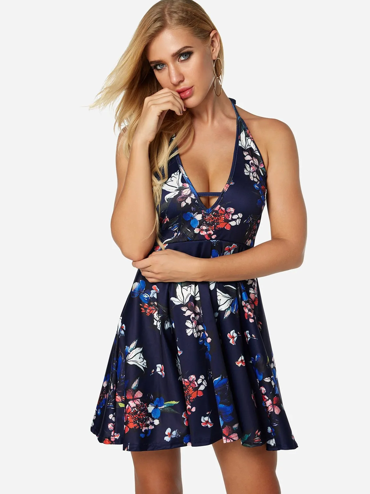 Wholesale Navy Deep V Neck Sleeveless Floral Print Backless Lace-Up Cut Out Ruffle Hem High-Waisted Dresses