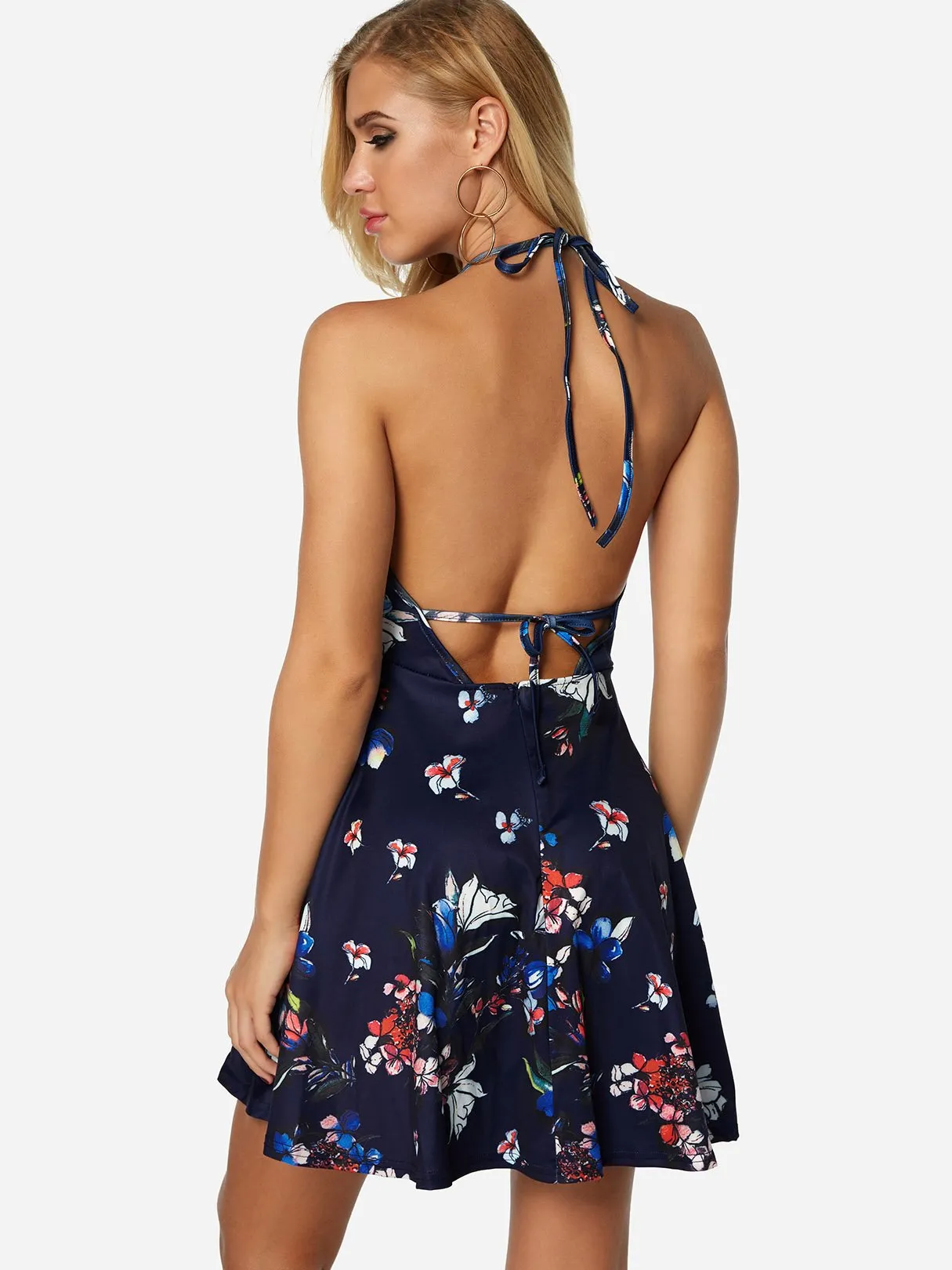 Wholesale Navy Deep V Neck Sleeveless Floral Print Backless Lace-Up Cut Out Ruffle Hem High-Waisted Dresses