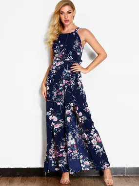 Wholesale Navy Halter Sleeveless Floral Print Backless Lace-Up Slit Hem Dresses