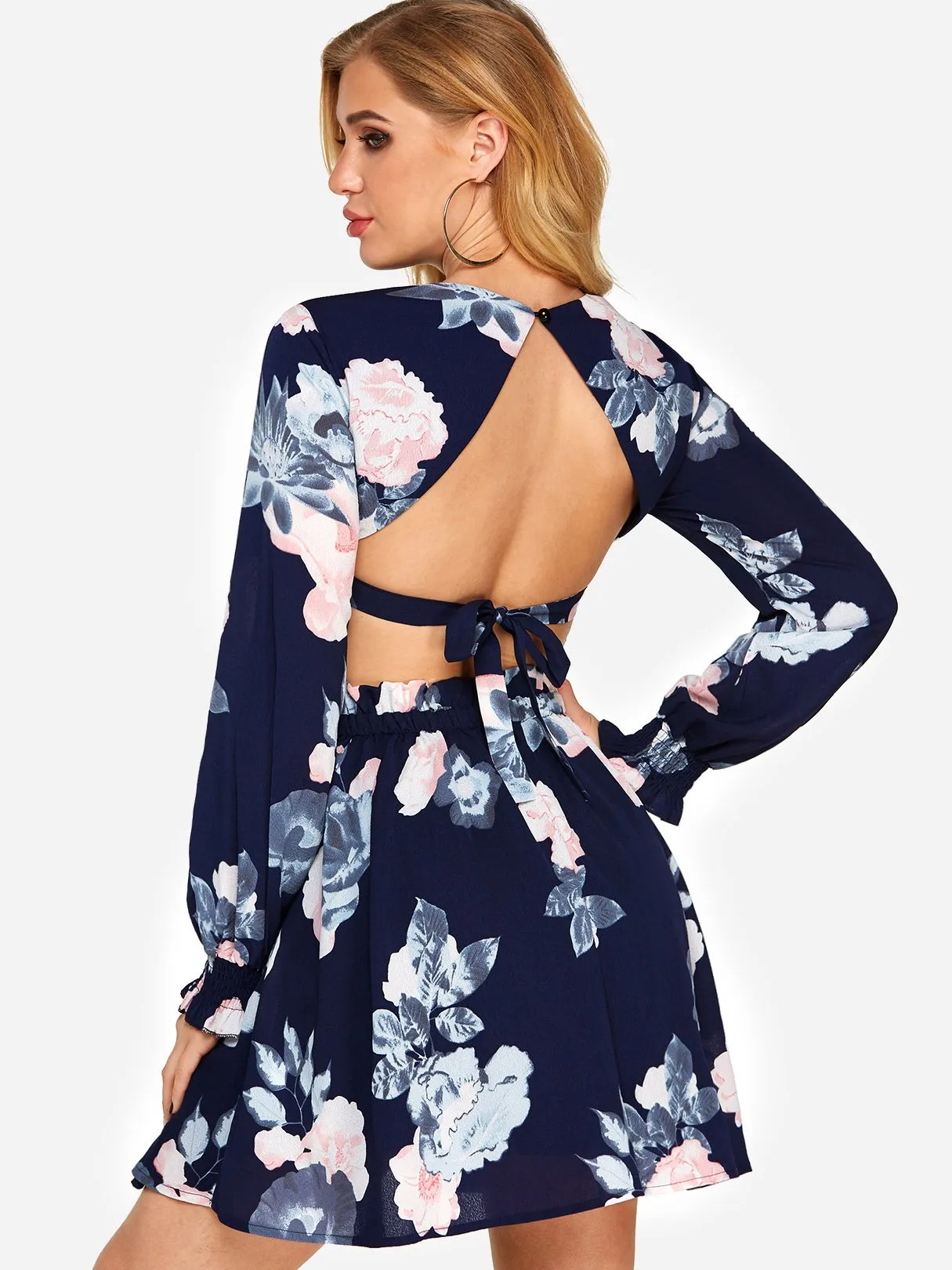 Wholesale Navy Round Neck Long Sleeve Floral Print Backless Lace-Up Cut Out Dresses