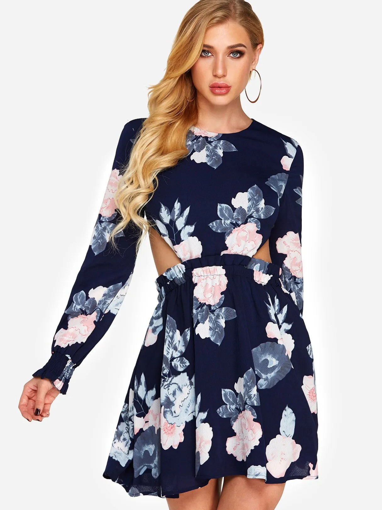 Wholesale Navy Round Neck Long Sleeve Floral Print Backless Lace-Up Cut Out Dresses