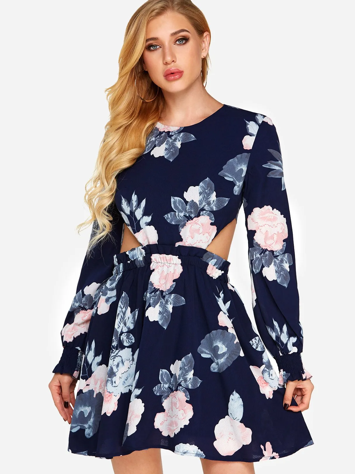 Wholesale Navy Round Neck Long Sleeve Floral Print Backless Lace-Up Cut Out Dresses