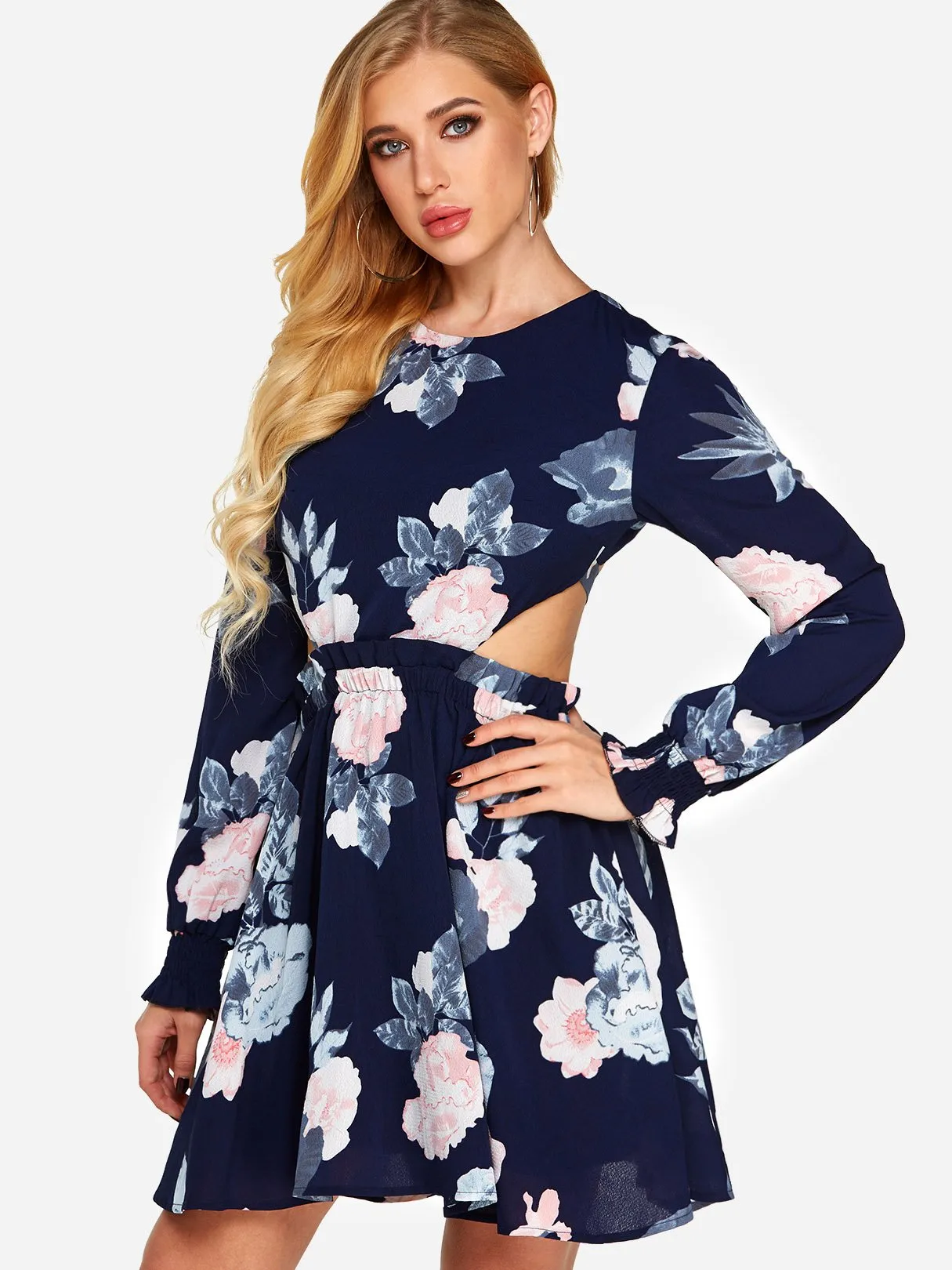 Wholesale Navy Round Neck Long Sleeve Floral Print Backless Lace-Up Cut Out Dresses