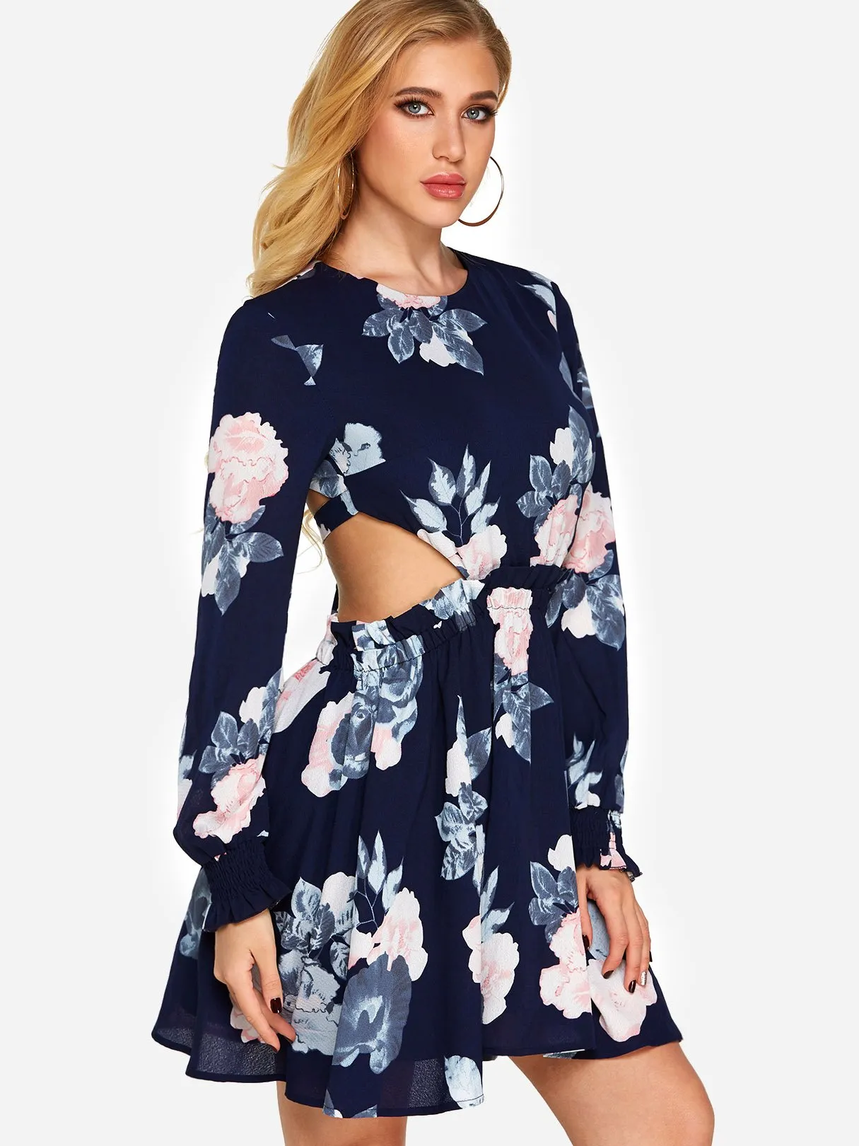 Wholesale Navy Round Neck Long Sleeve Floral Print Backless Lace-Up Cut Out Dresses