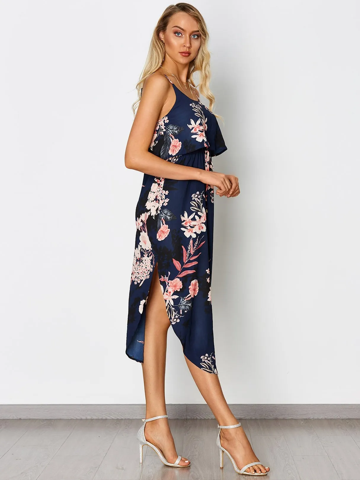 Wholesale Navy Sleeveless Floral Print Tiered Spaghetti Strap Slit Hem Dresses