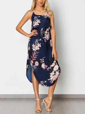 Wholesale Navy Sleeveless Floral Print Tiered Spaghetti Strap Slit Hem Dresses