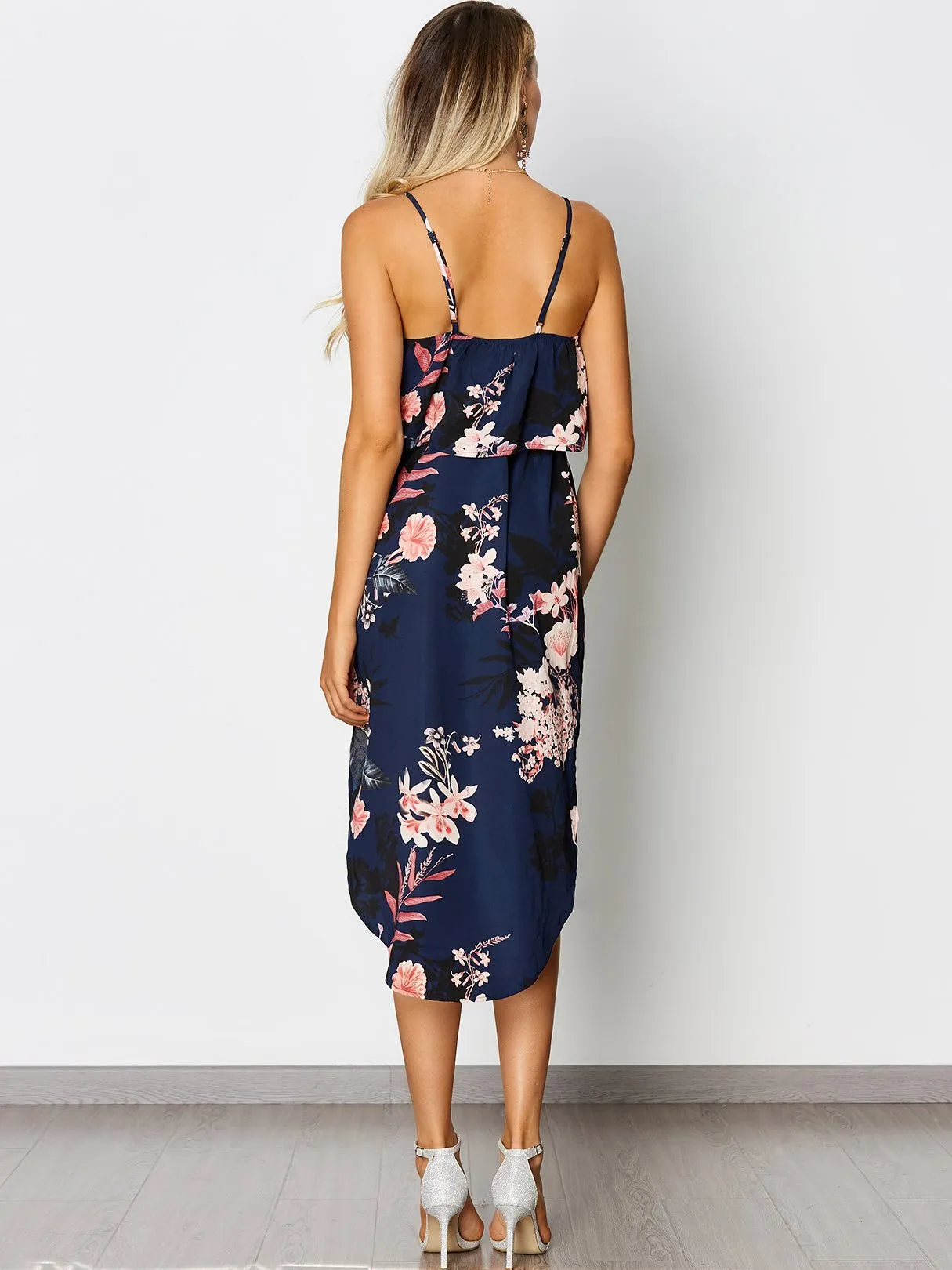 Wholesale Navy Sleeveless Floral Print Tiered Spaghetti Strap Slit Hem Dresses