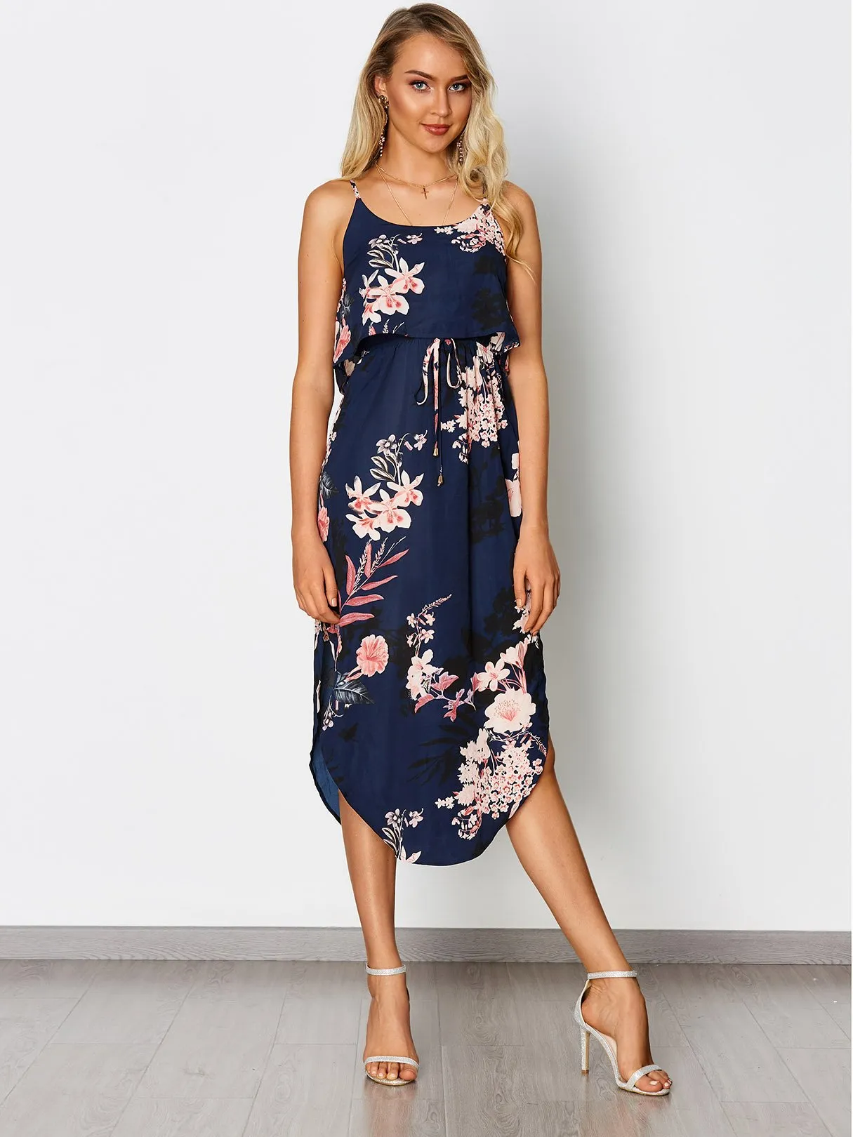 Wholesale Navy Sleeveless Floral Print Tiered Spaghetti Strap Slit Hem Dresses