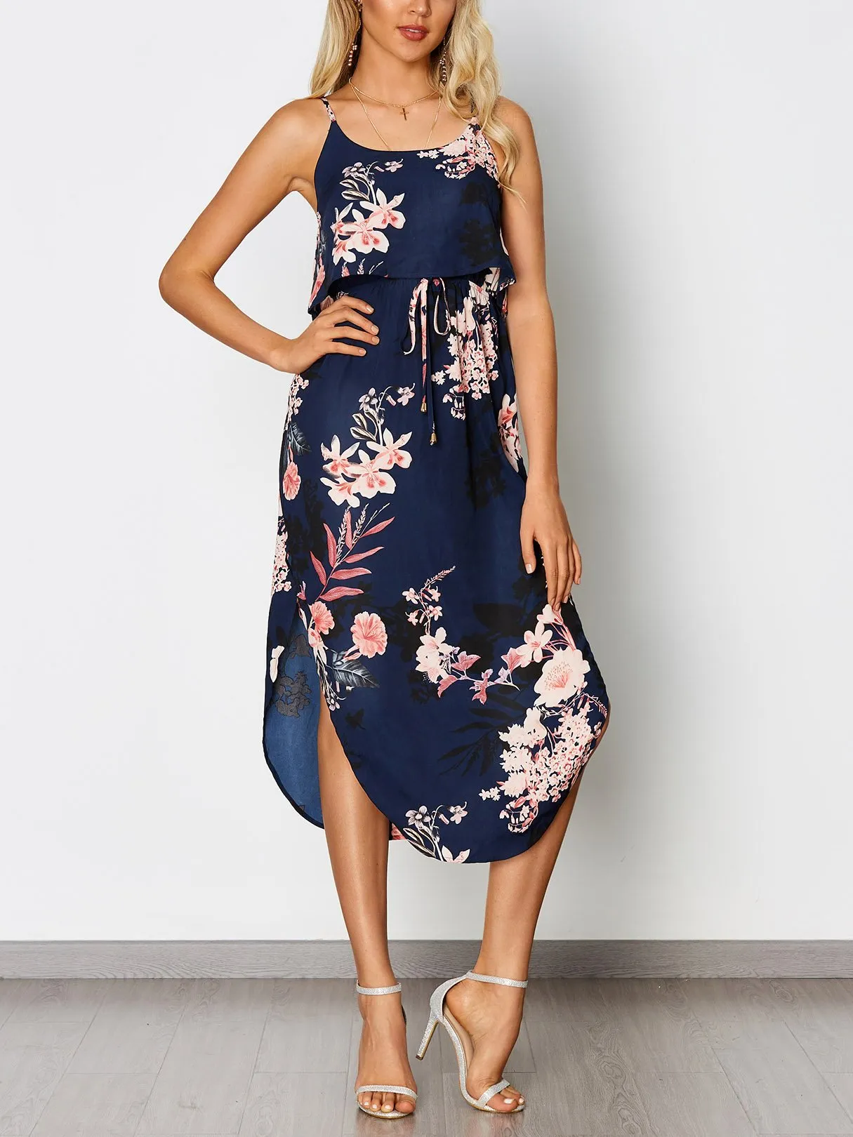 Wholesale Navy Sleeveless Floral Print Tiered Spaghetti Strap Slit Hem Dresses