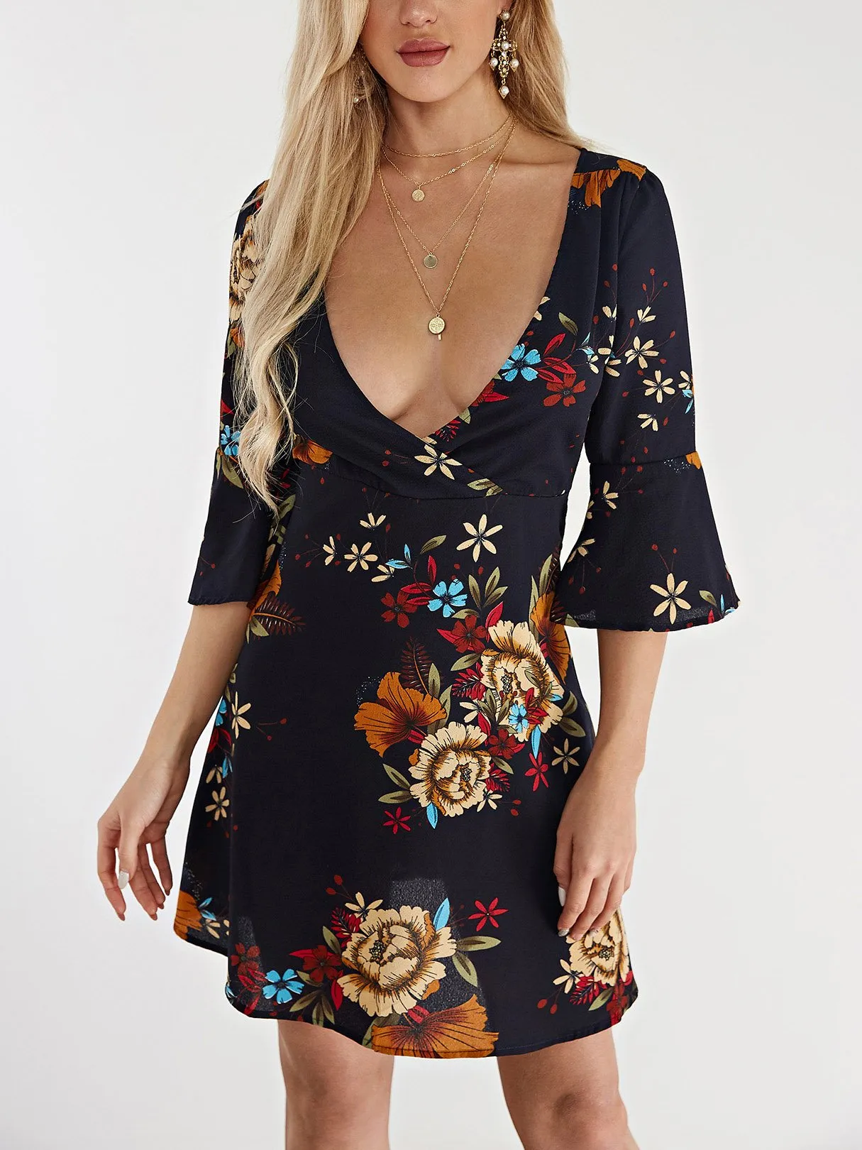 Wholesale Navy V-Neck Crossed Collar 3/4 Sleeve Length Floral Print Zip Back Wrap Dresses