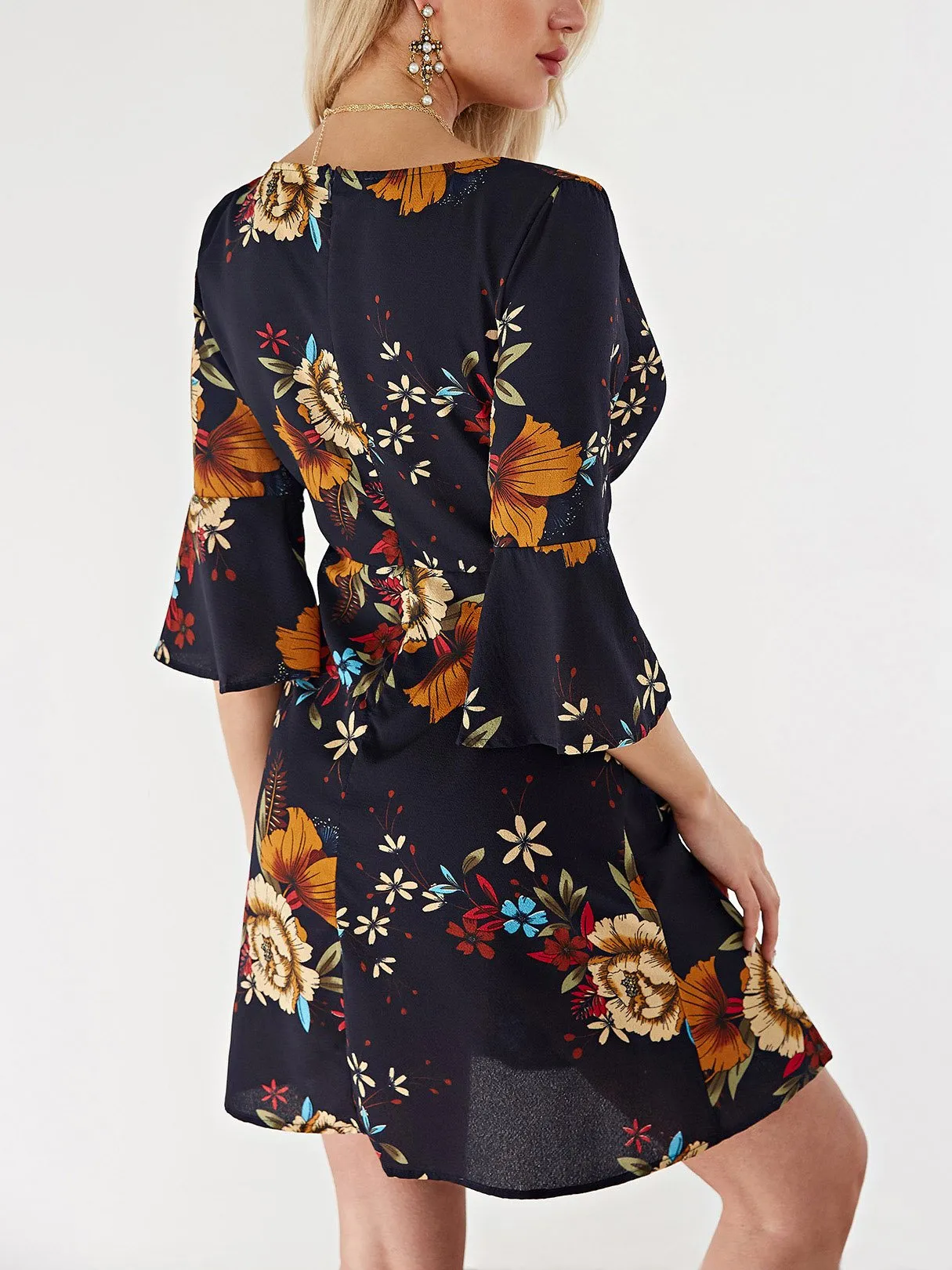 Wholesale Navy V-Neck Crossed Collar 3/4 Sleeve Length Floral Print Zip Back Wrap Dresses