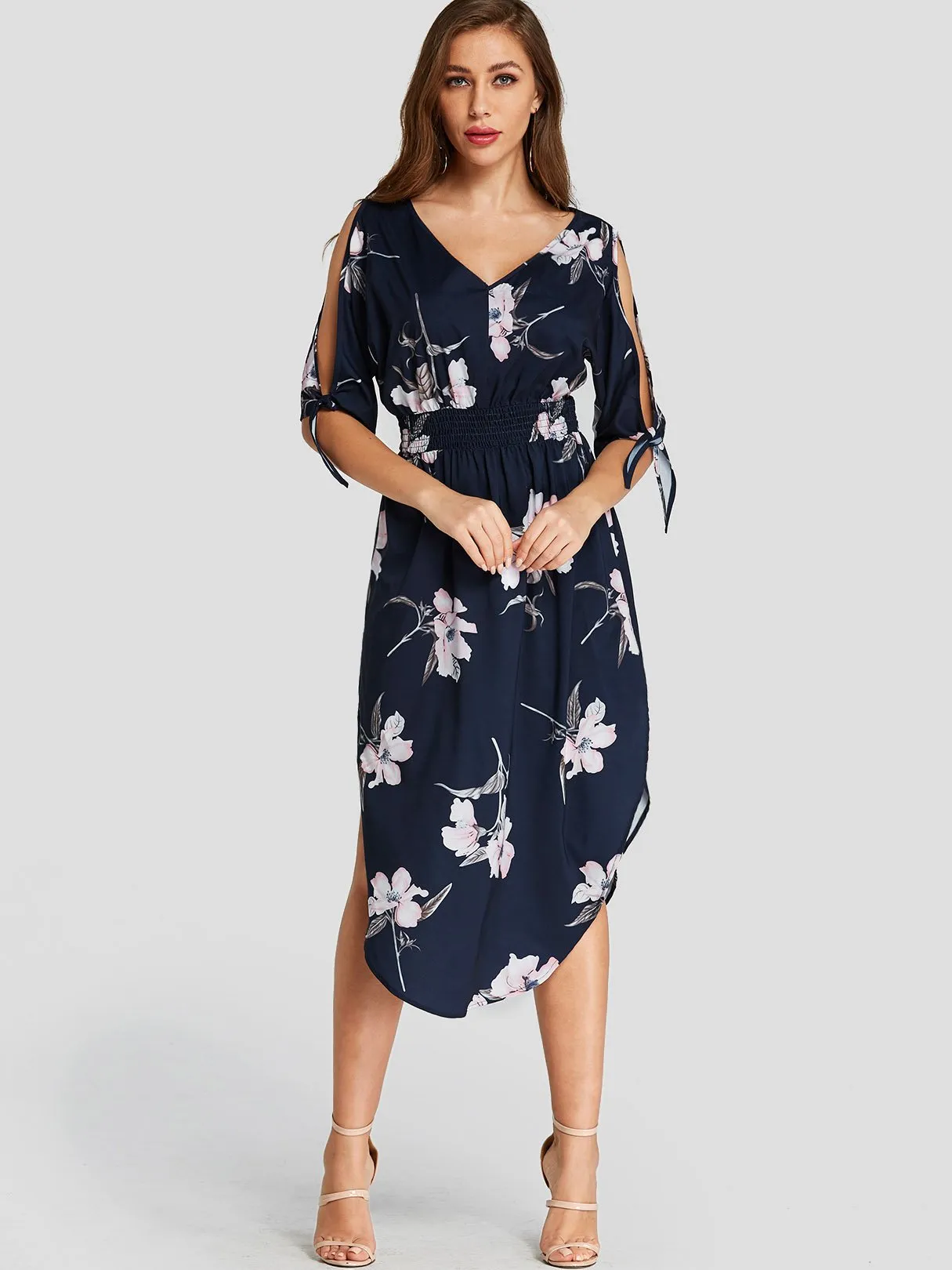 Wholesale Navy V-Neck Half Sleeve Floral Print Slit Self-Tie Curved Hem Dresses