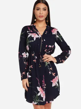 Wholesale Navy V-Neck Long Sleeve Floral Print Zip Back Side Pockets Curved Hem Dresses