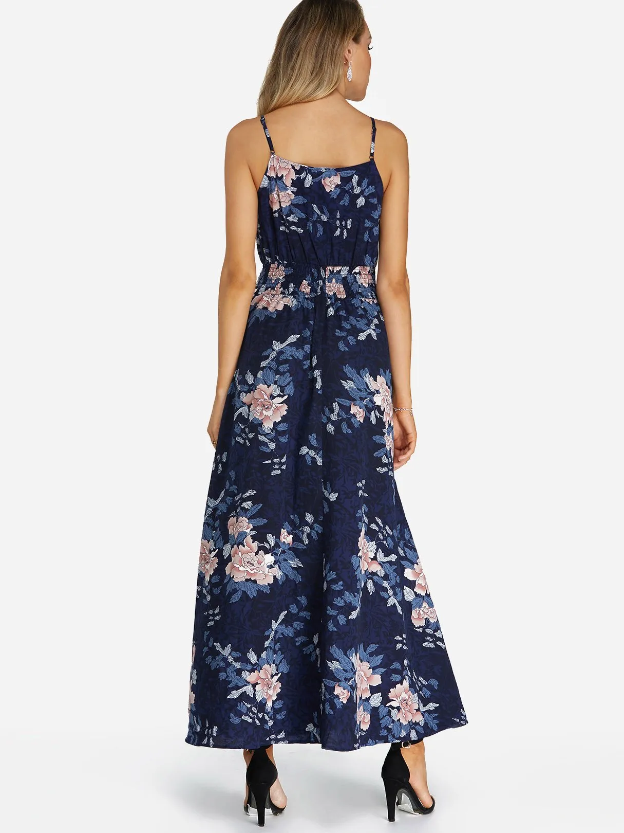 Wholesale Navy V-Neck Sleeveless Floral Print Slit Hem Dresses