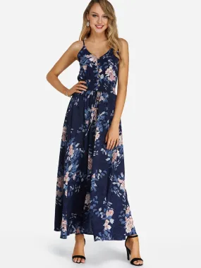 Wholesale Navy V-Neck Sleeveless Floral Print Slit Hem Dresses