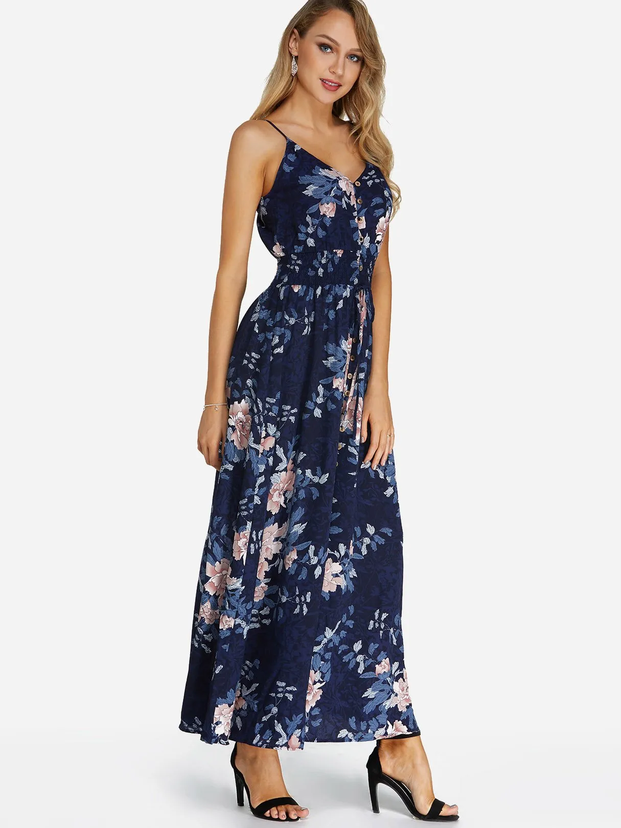 Wholesale Navy V-Neck Sleeveless Floral Print Slit Hem Dresses