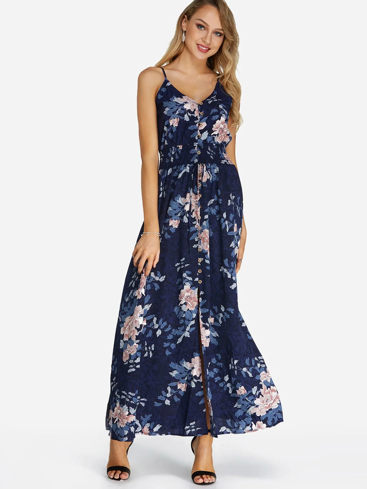 Wholesale Navy V-Neck Sleeveless Floral Print Slit Hem Dresses