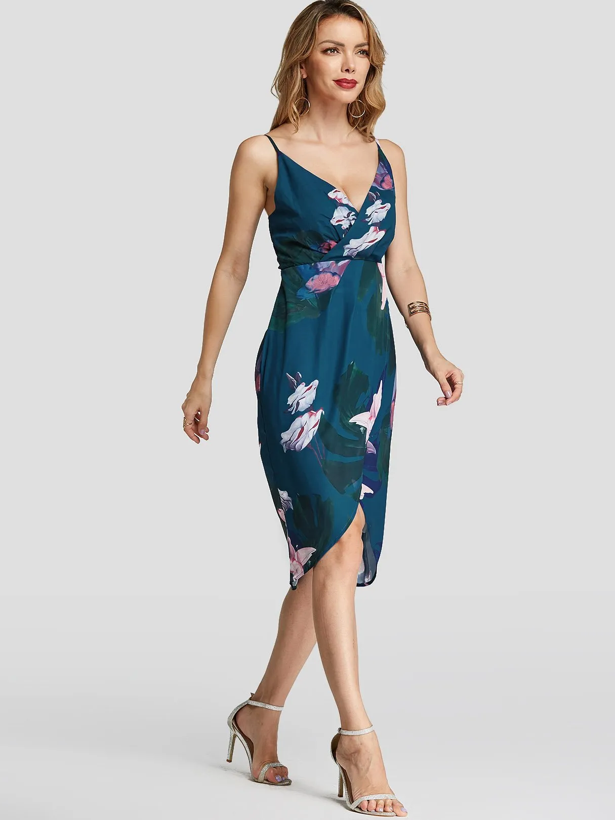 Wholesale Navy V-Neck Sleeveless Floral Print Spaghetti Strap Wrap Slit Hem Dresses