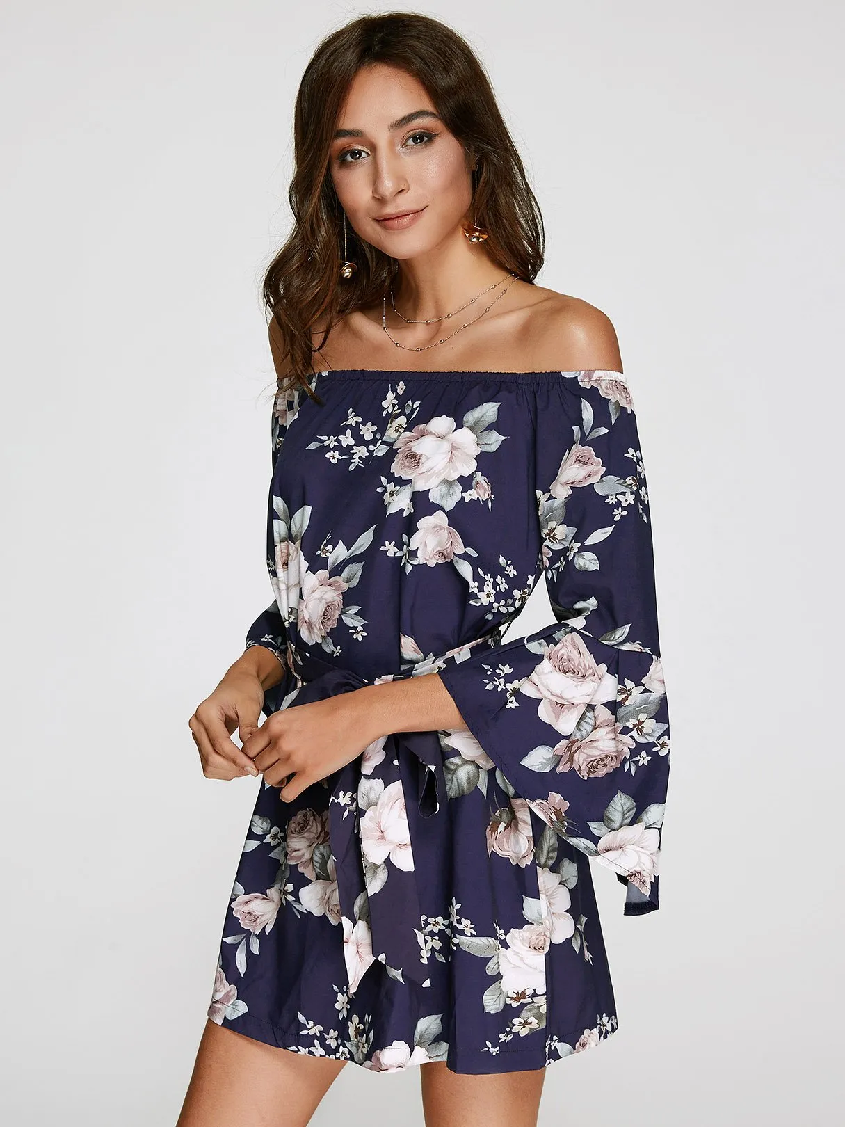 Wholesale Off The Shoulder Floral Print 3/4 Length Sleeve Dresses