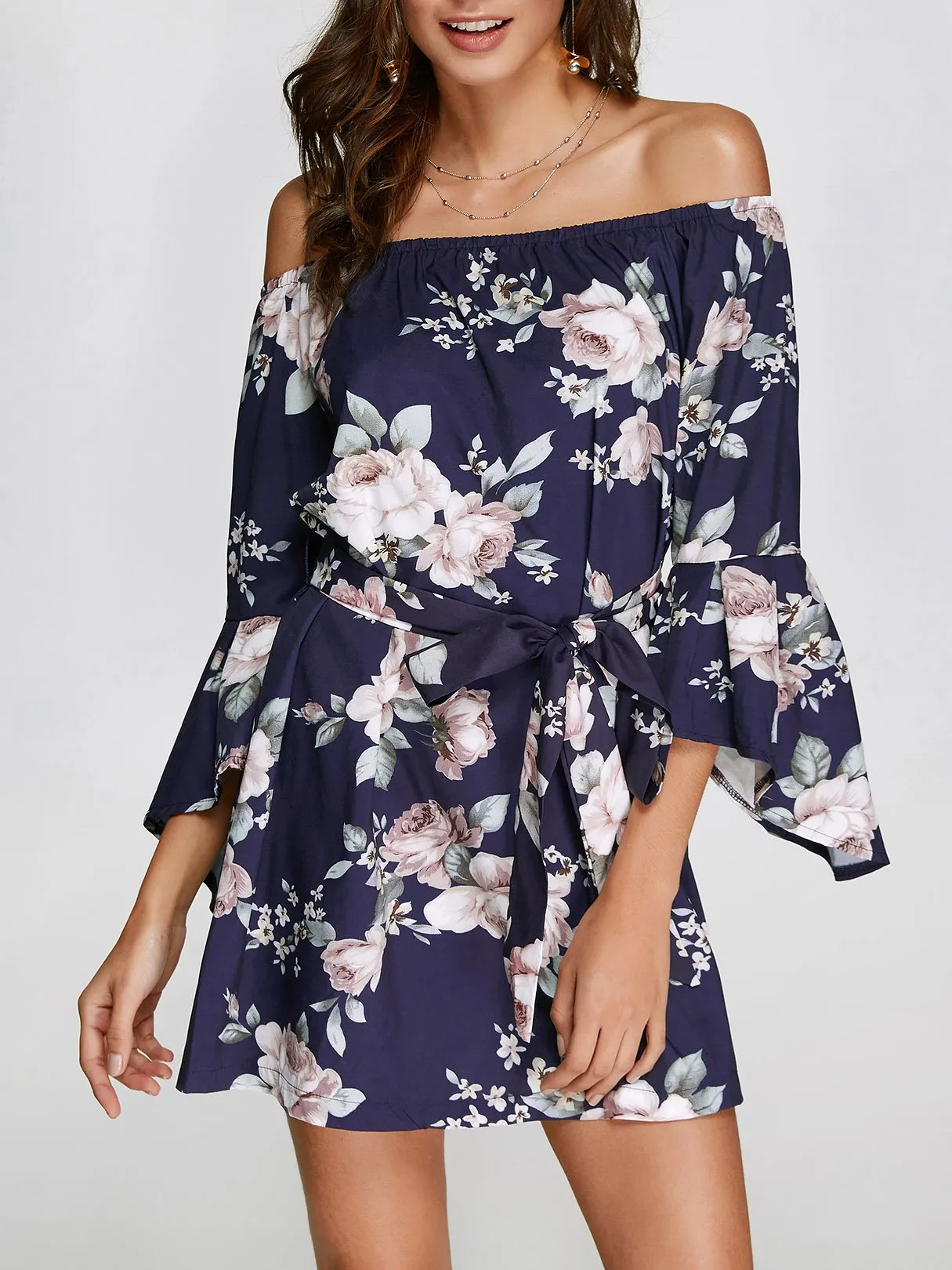 Wholesale Off The Shoulder Floral Print 3/4 Length Sleeve Dresses