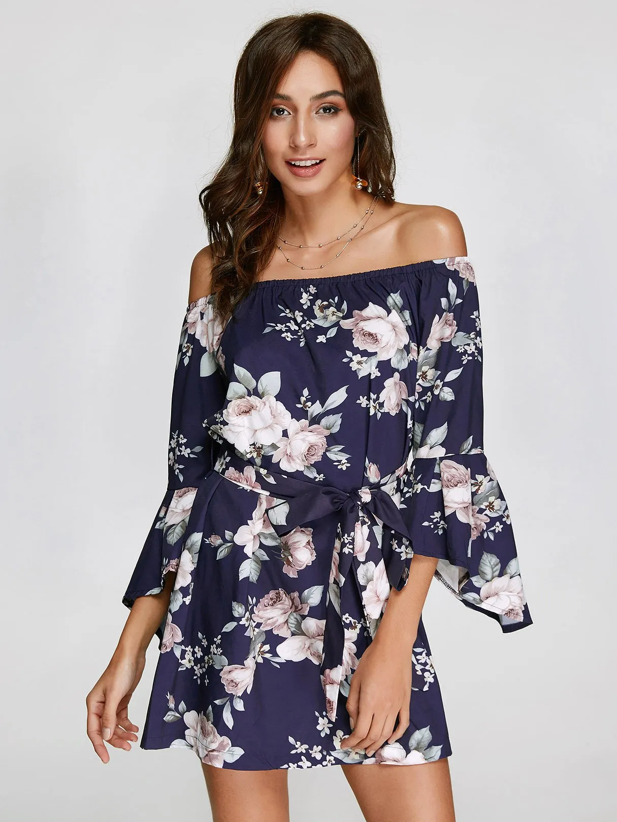 Wholesale Off The Shoulder Floral Print 3/4 Length Sleeve Dresses