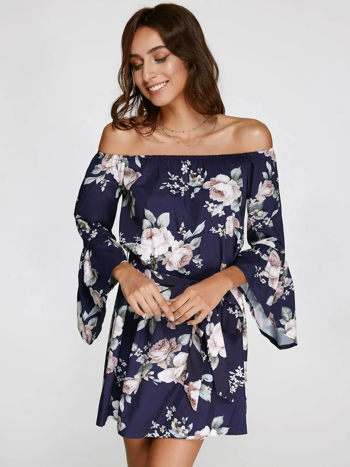 Wholesale Off The Shoulder Floral Print 3/4 Length Sleeve Dresses