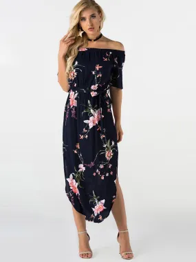 Wholesale Off The Shoulder Floral Print Self-Tie Short Sleeve Slit Hem Navy Dresses