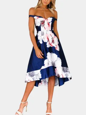 Wholesale Off The Shoulder Floral Print Zip High-Waisted Back Dresses