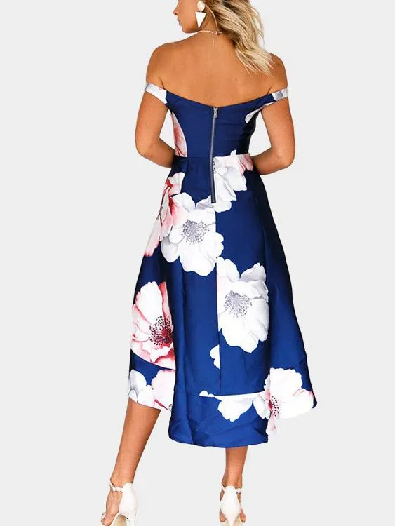 Wholesale Off The Shoulder Floral Print Zip High-Waisted Back Dresses