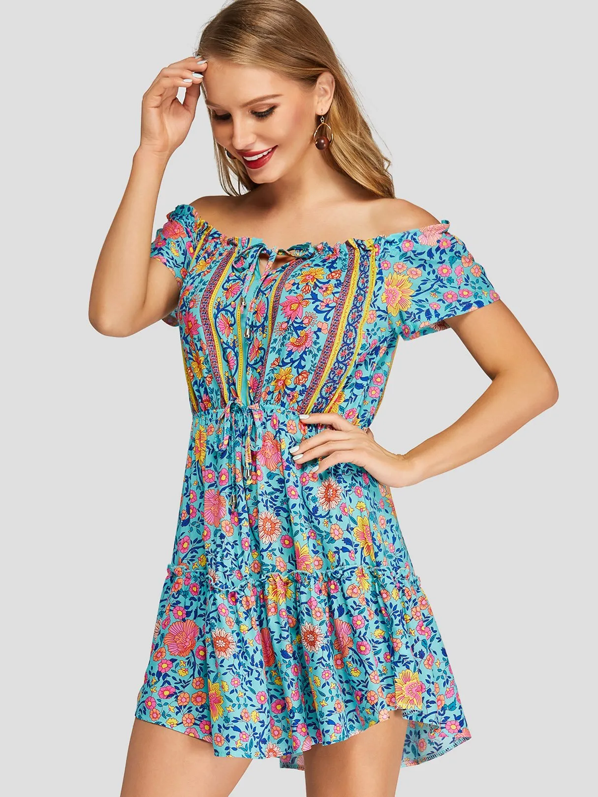 Wholesale Off The Shoulder Short Sleeve Floral Print Backless Bowknot Dresses