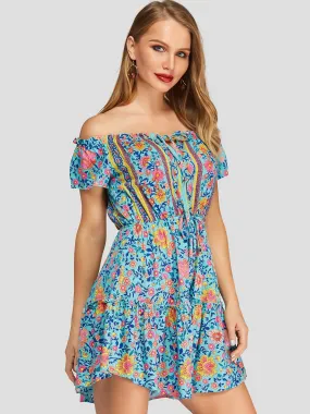 Wholesale Off The Shoulder Short Sleeve Floral Print Backless Bowknot Dresses