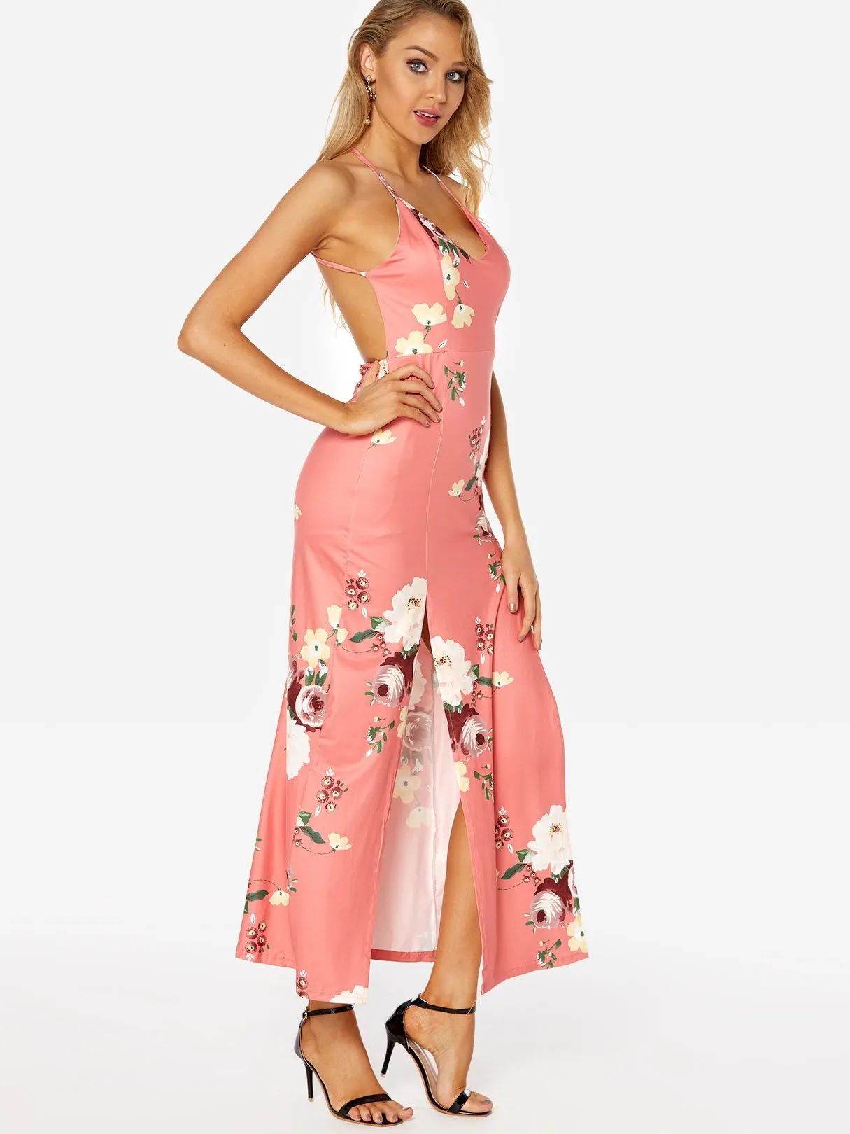 Wholesale Pink Deep V Neck Floral Print Spaghetti Strap Slit Hem Dress