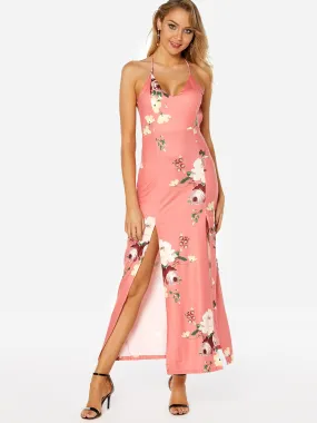 Wholesale Pink Deep V Neck Floral Print Spaghetti Strap Slit Hem Dress