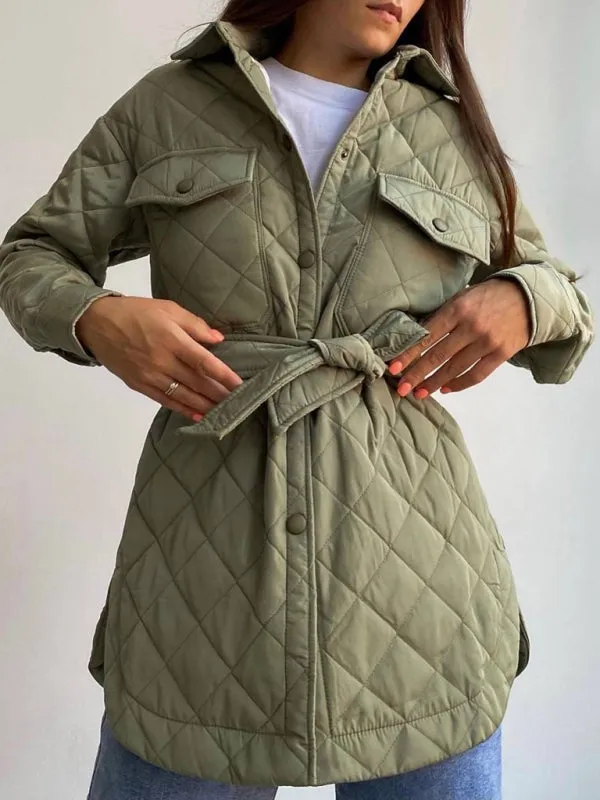 Winter Cotton Longline Tie-Belt Coat Quilted Jacket