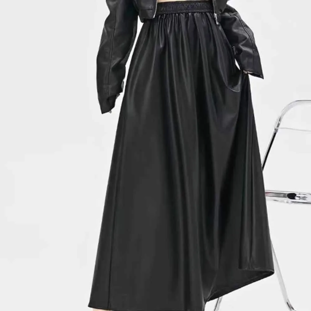 Women's High Waist PU Leather Long Pleated A Line Skirt